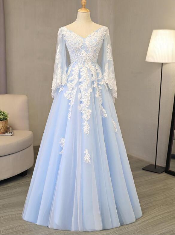 V Neck Light Blue Tulle Prom Dress Lace Appliques A-line Evening Gowns