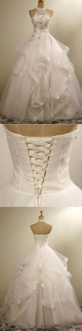 Halter Neck Lace-up Ball Gown Floor-length Beaded Lace Wedding Dress