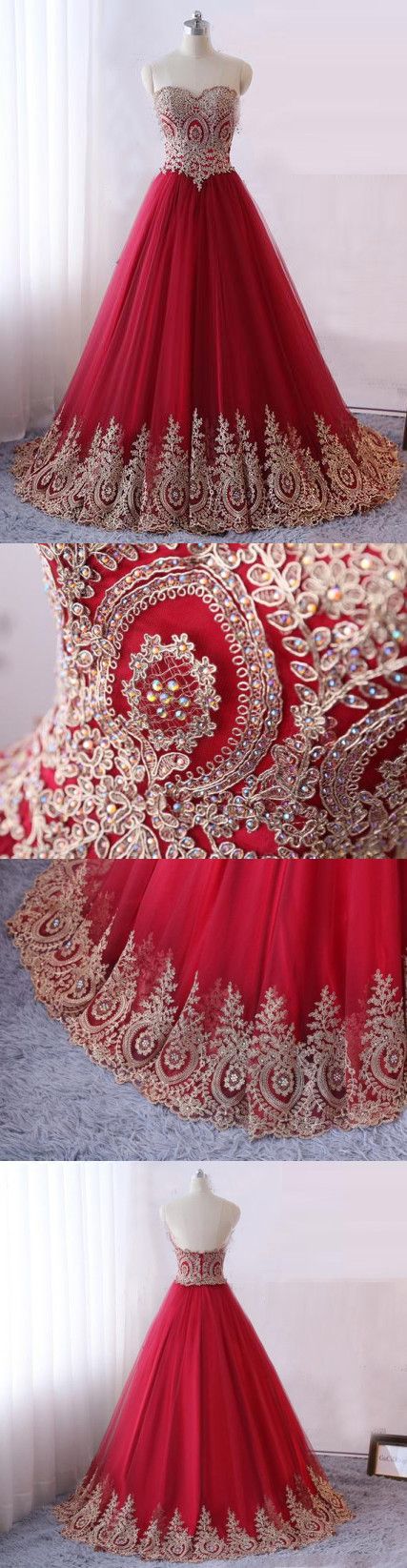 Prom Dress Red Tulle Gold Lace Appliqued Formal Evening Dress ,custom Made Women Party Gowns
