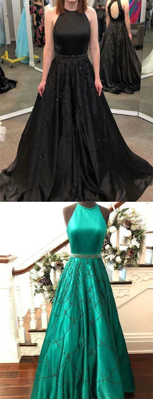 A Line Jewel Floor Length Open Back Satin Prom Dress With Beading