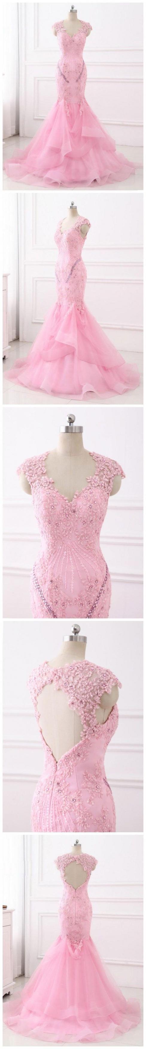 Chic Trumpet/mermaid Pink Prom Dresses With Lace Beading Prom Dress Evening Dresses