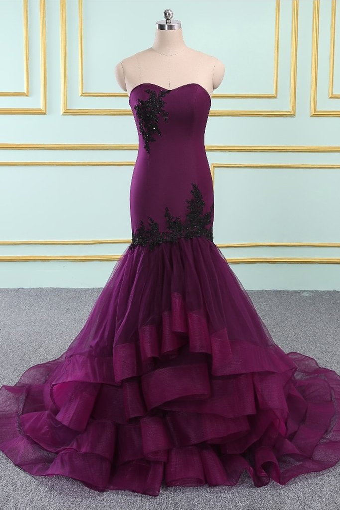 Sweetheart Neck Purple Organza Long Mermaid Layered Evening Dress Prom Dress