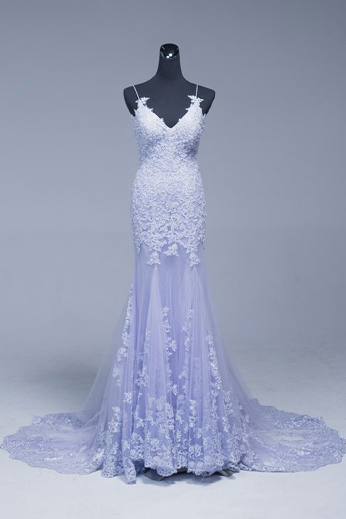 Lavender Lace Appliques Beading Long Mermaid Evening Dress, Prom Dress