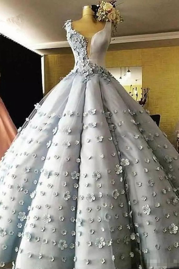 Princess Gray Tulle 3d Flower Lace Long Puffy Ball Gown, Long Formal Prom Dress