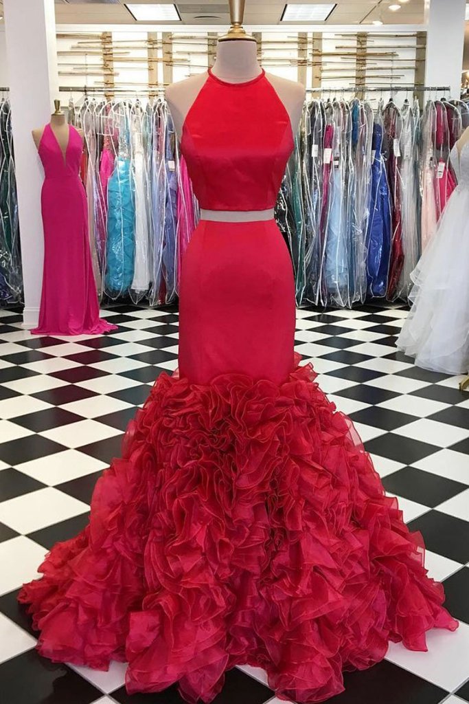 Red Satin Two Pieces Long Mermaid Ruffles Evening Dress, Long Senior Prom Dress