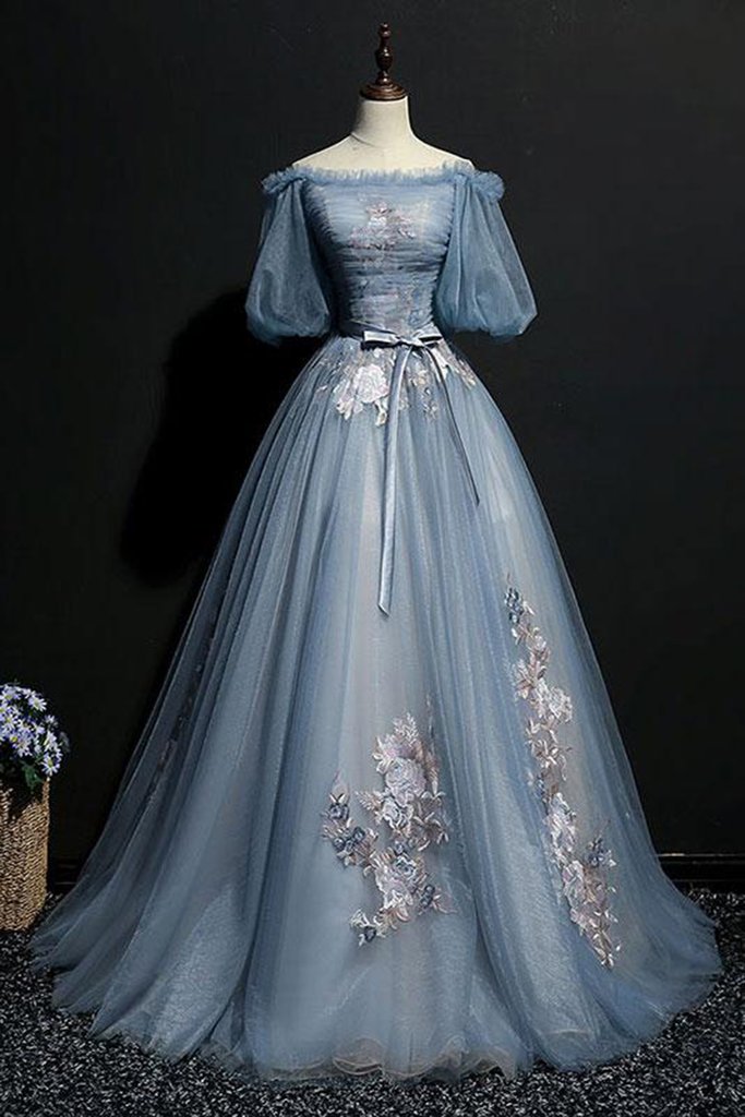 Unique Blue Gray Tulle Puffy Sleeves Long Evening Dress, Long Strapless  Lace Senior Prom Dress on Luulla