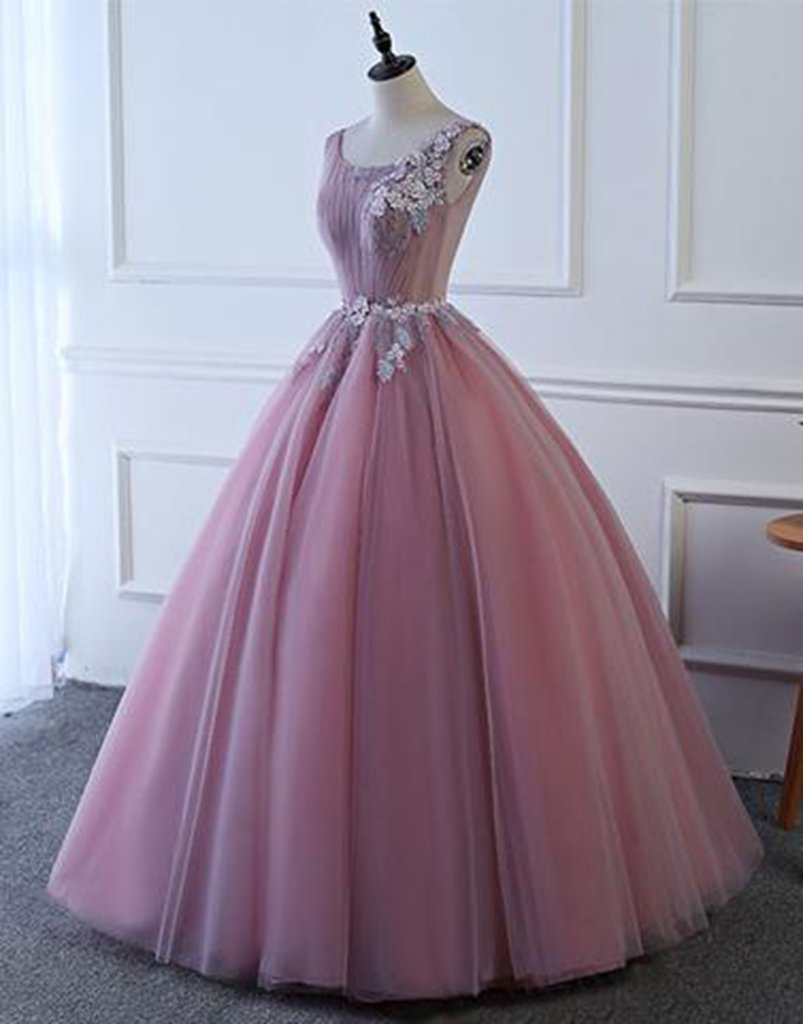 Pink Tulle Floor Length Senior Prom Dress With Lace Appliqués, Long A-line Halter Evening Dress