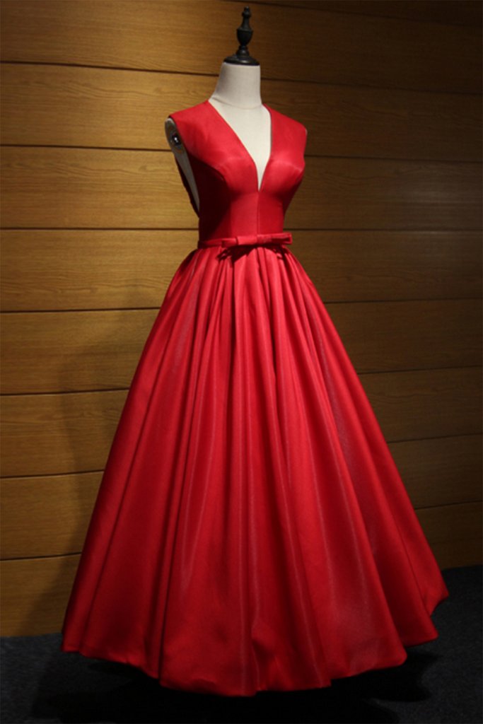 Red Satin V Neck Hollow Out Back Long Senior Prom Dress With Bowknot