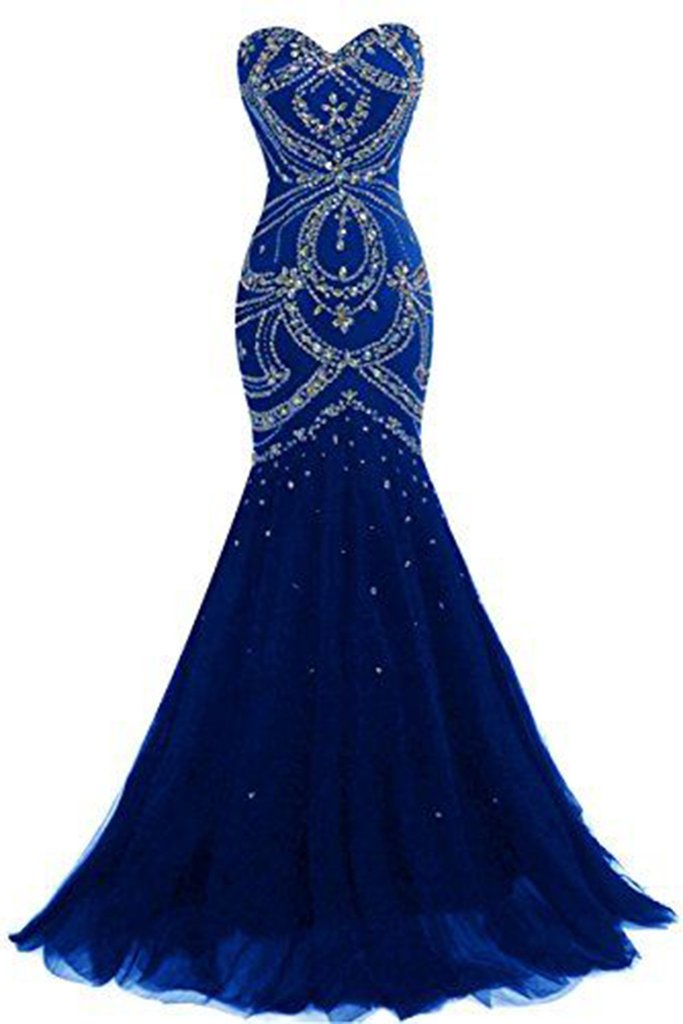 Luxury Navy Blue Tulle Sweetheart Sequins Beaded Backless Mermaid Long Prom Dresses, Evening Dresses