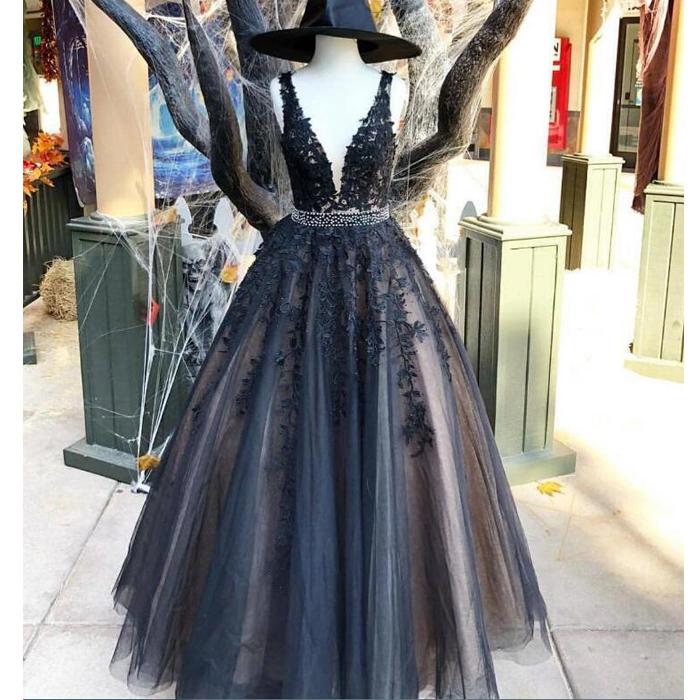 V Neck Applique Tulle Lace Popular Long Prom Dresses