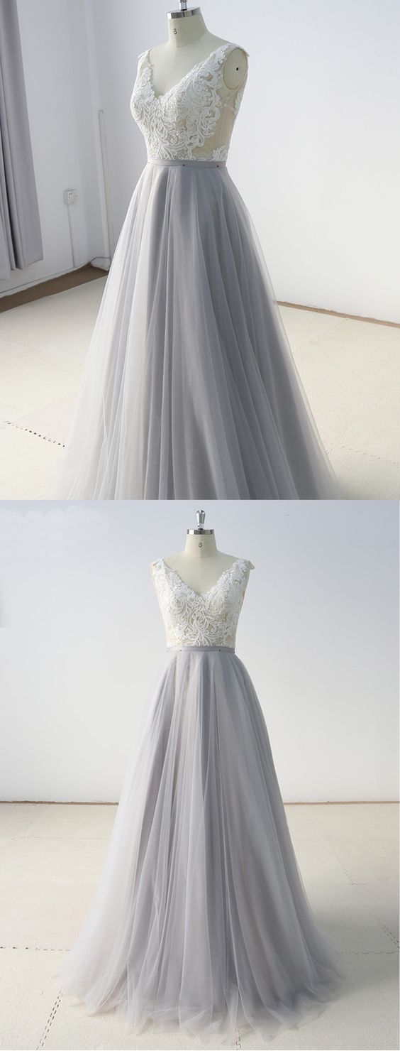 Gray Tulle A Line Long White Lace Evening Dress, Formal Dress