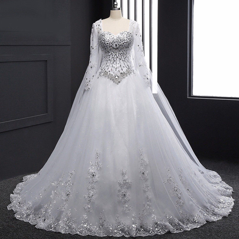 Bandage Tube Top Crystal Wedding Dress, Long Sleeve Bridal Gown
