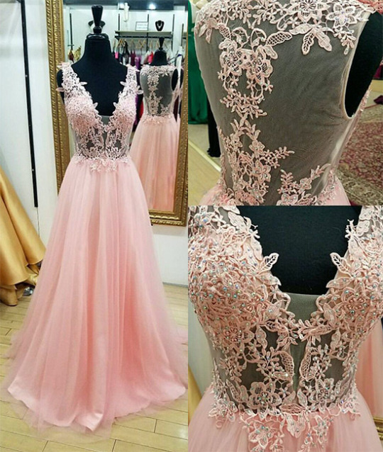 V-neck Pink Tulle Prom Dresses Lace Appliques Women Party Dresses