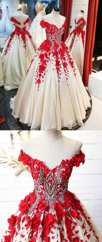 Red V Neck Tulle Applique Long Prom Dress, Red Evening Dress