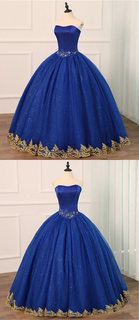 Royal Blue Tulle Strapless Long Beaded Formal Prom Dress, Party Dress With Applique
