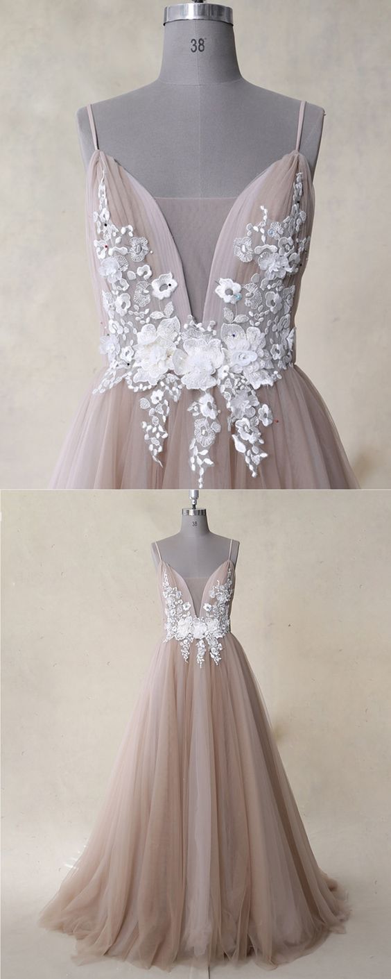 Champagne Tulle Backless Long White Lace Applique Evening Dress, Senior Prom Dress