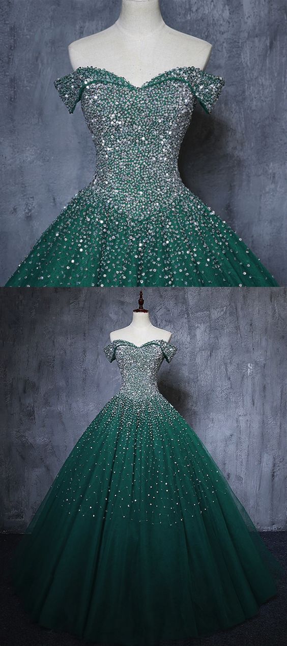 Beautiful Deep Green Tulle Beaded Off Shoulder Long Evening Dress, Formal Dress