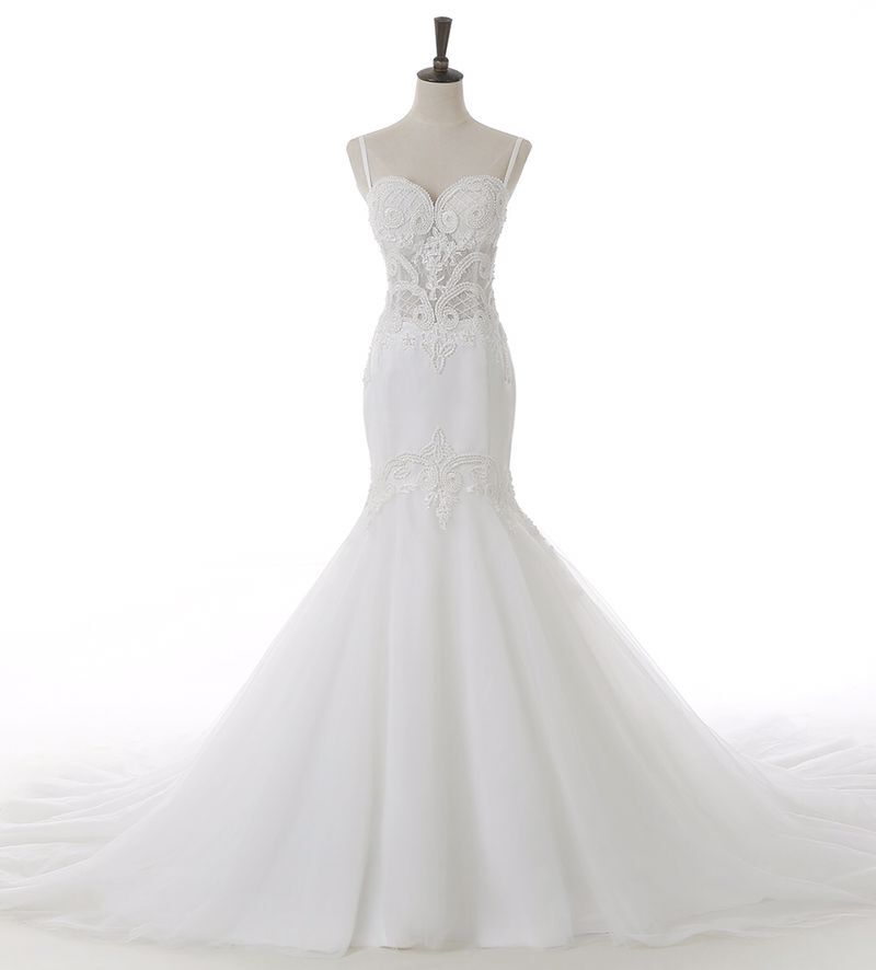 White Mermaid Wedding Dress,backless Spaghetti Straps Wedding Dresses,lace Mermaid Wedding Dresses