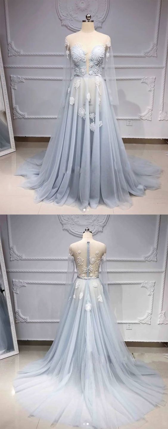 Long Sleeve Appliques Prom Dress, Sexy See Though Long Evening Dress