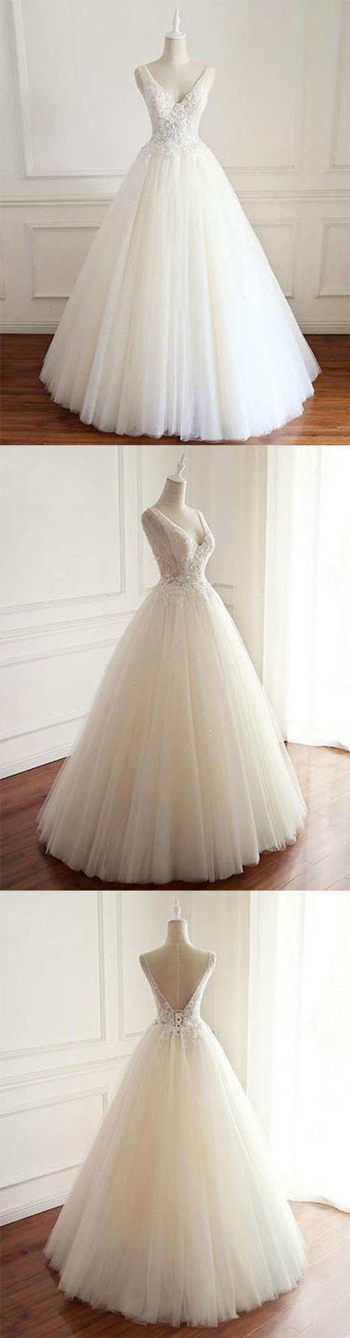Charming V Neck White Tulle Wedding Dresses, Formal Wedding Gowns