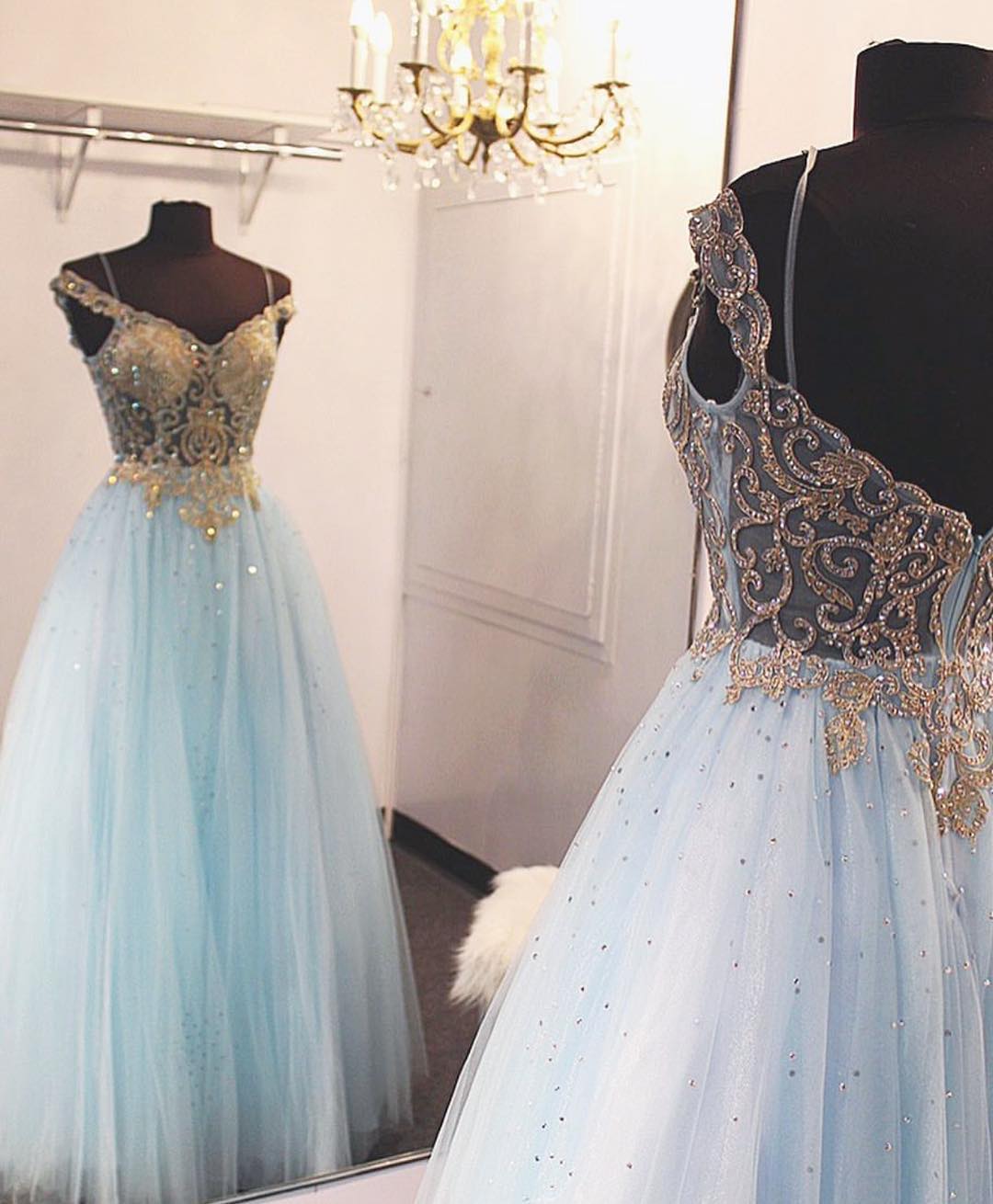 baby blue and gold prom dress