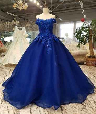 Royal Blue Tulle Off Shoulder Long Lace Applique Senior Prom Dress With Sleeve