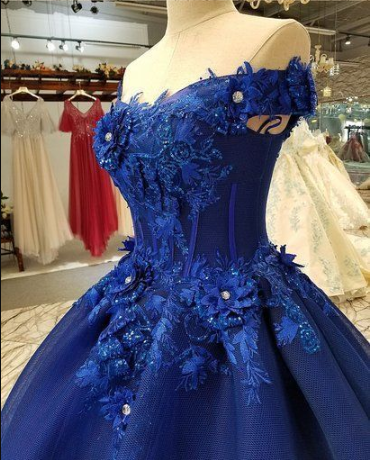 Royal Blue Tulle Off Shoulder Long Lace Applique Senior Prom Dress With ...