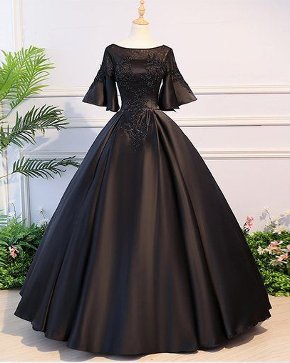 Black Satin Open Back Mid Sleeve Long Applique Evening Dress, Prom Dress