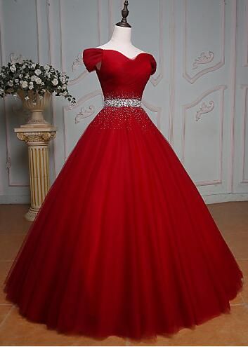 Off Shoulder Red Prom Dresses,ball Gown , Prom Dress,beading Prom Dress,red Tulle Evening Dress