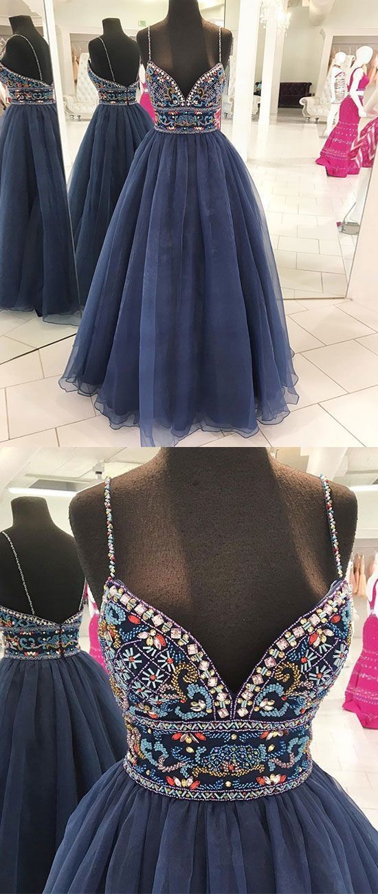 Dark Blue V Neck Beads Long Prom Dress, Blue Evening Dress
