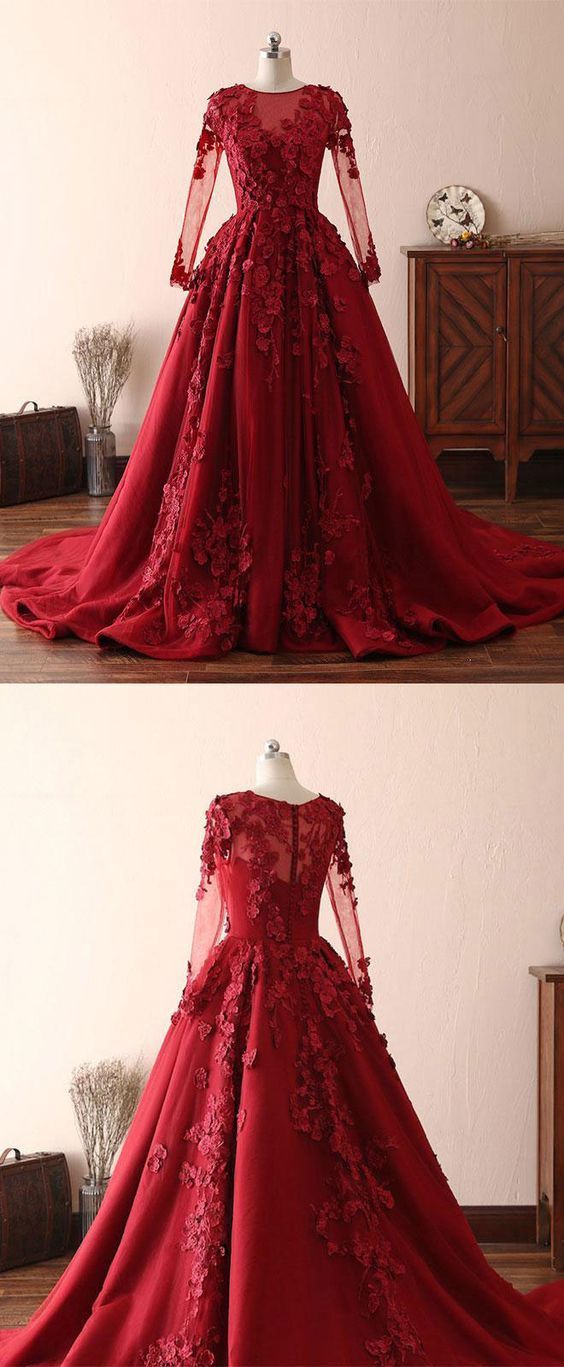 Burgundy Lace Satin Long Prom Dress, Burgundy Lace Evening Dress