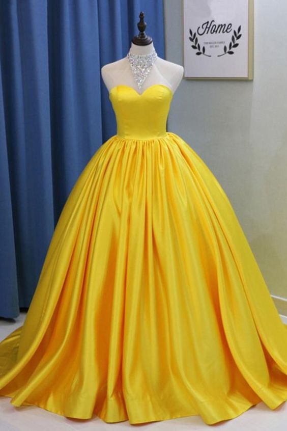 Yellow Ball Gown High Neck Prom Dress With Beading, Long Halter Quinceanera Dress