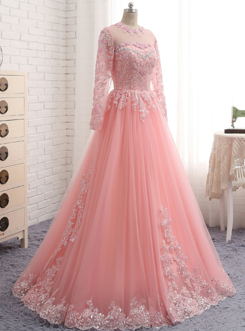 A-line Pink Tulle Lace Appliques Long Sleeve Prom Dress