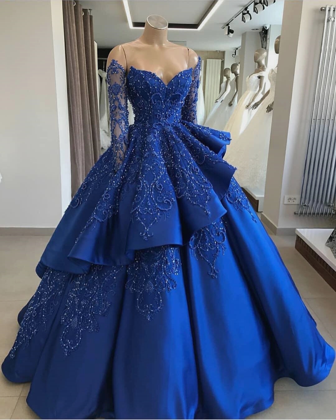 Royal Blue Satin Strapless Long Sleeve Beaded V Neck Prom Dress, Ball Gown
