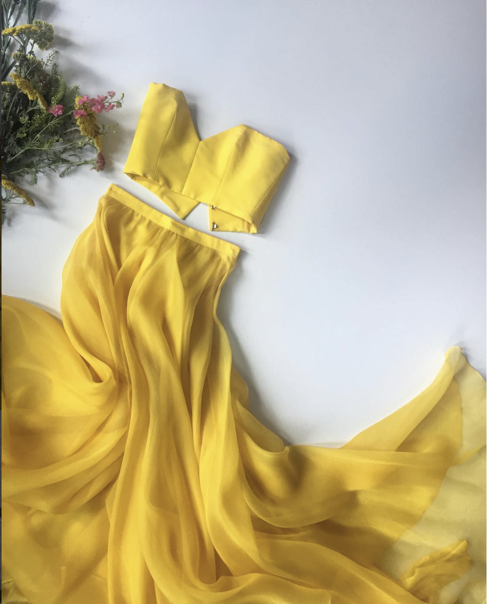 Bright Yellow Strapless Crop Top Two Pieces Long Prom Dresses Party Dresses