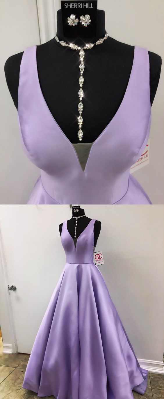 lavender long prom dress , princess v neck prom gown
