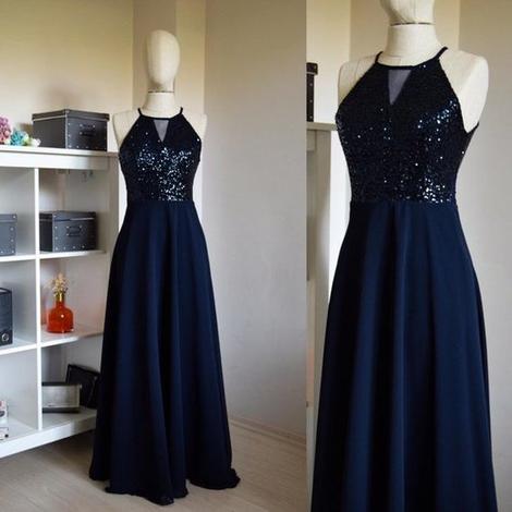 Custom Made Charming Chiffon With Top Sequin Navy Blue Bridesmaid Dress