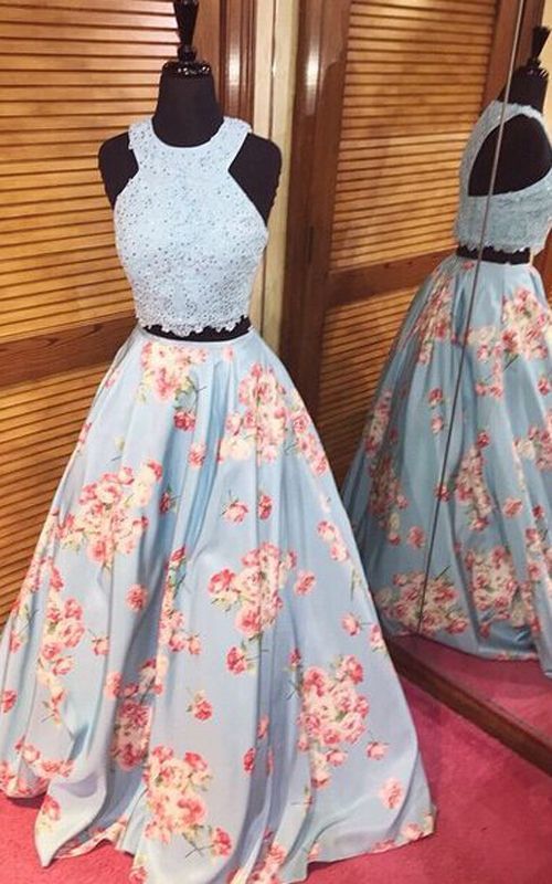 Floral Lace Top Blue Gown With Belt on Luulla