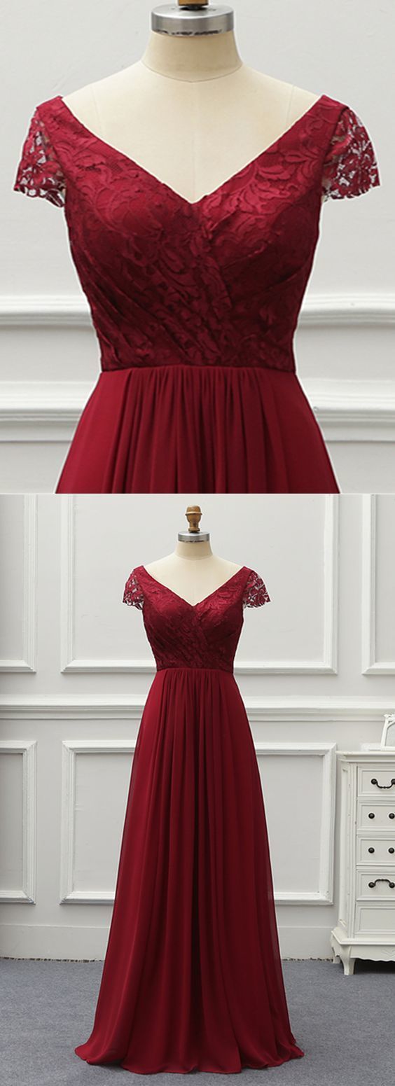 Simple Pretty Burgundy Lace Cap Sleeves V Neck Long Chiffon Prom Dress, Formal Dress