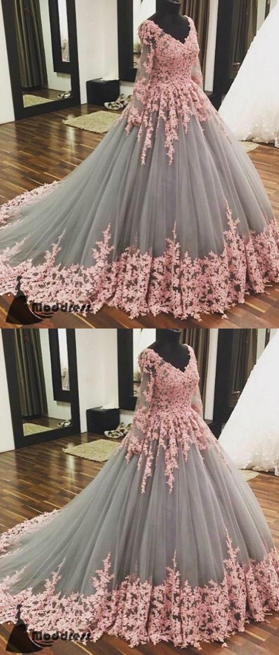 Custom Made Unique V Neck Wedding Dress Tulle Applique Long Prom Dress Long Sleeve Evening Dress