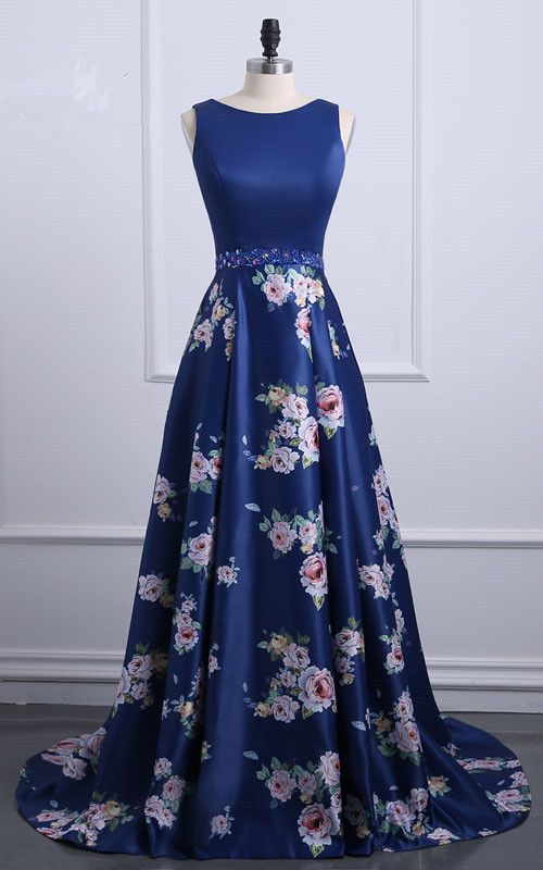 Navy Floral Print Sleeveless Satin Floor Length A Line Long Prom Dress