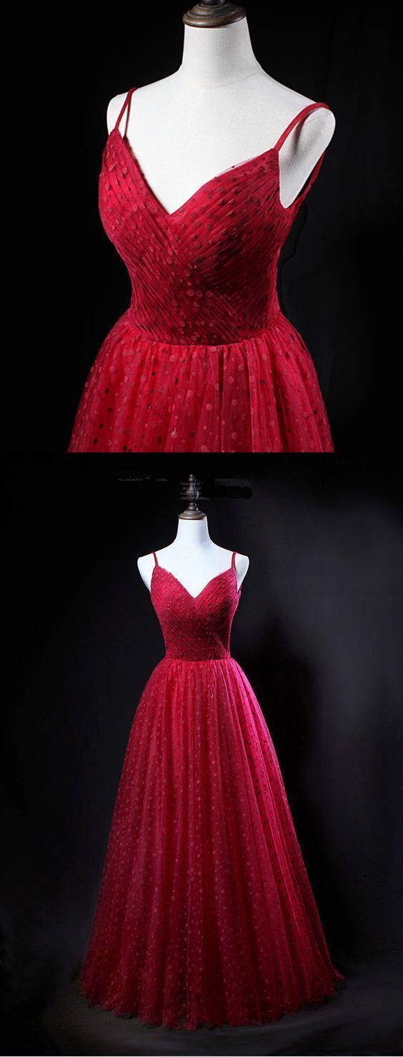 Unique Red Tulle V Neck Spaghetti Long Evening Dress, Party Dress