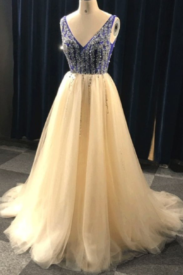 Charming Champagne Long Tulle A-line Formal Dress Featuring V Neck And Beaded Bodice,,long Elegant Prom Dresses