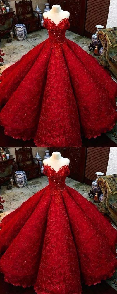 Ball Gown Red Prom Dress With Beads Off The Shoulder Floor-length Lace Quinceanera Dress Sweet 16 Dresses For Girls