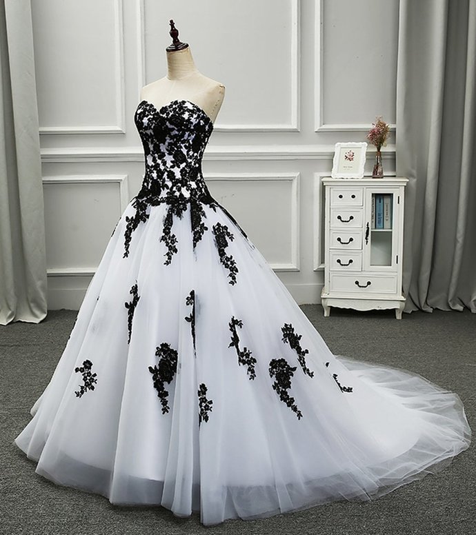 White And Black Sweetheart Long Party Gown, Wedding Party Dress