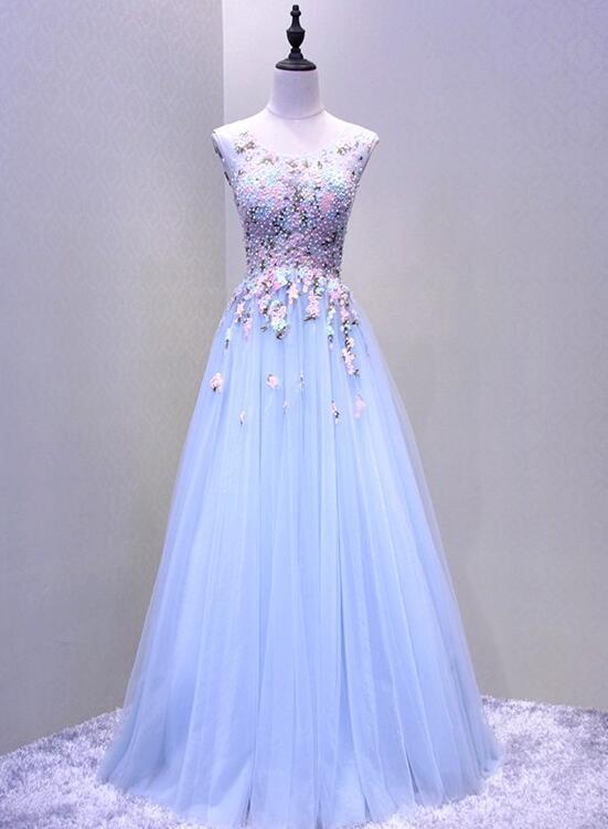 Light Blue Beaded Round Neckline Tulle Formal Gown, Charming Party Dress
