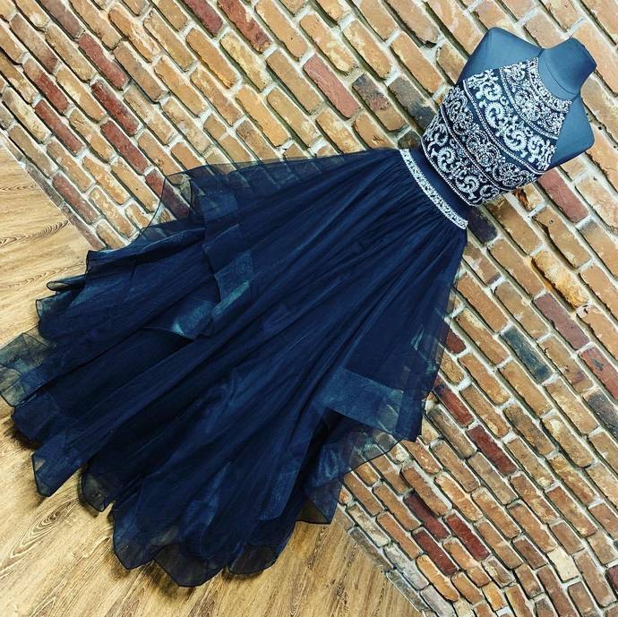 Navy Blue Beaded Two Piece Prom Dress, Tulle Halter Long Prom Dresses