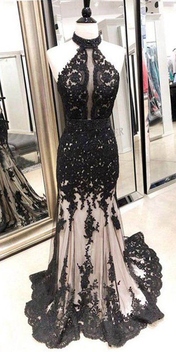 Black Appliques Lace Mermaid Evening Dress, Halter Long Prom Dress