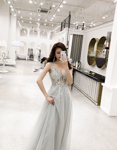 Sexy Tulle Long Prom Dress, Crystal Beading Prom Dresses, V neck Evening Dress