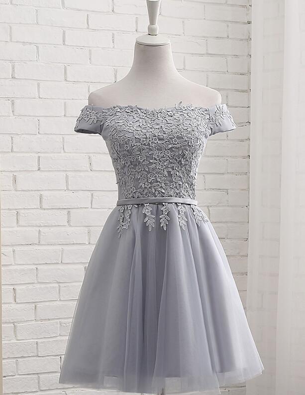 Tulle Grey Short Homecoming Dress, Off Shoulder A Line Prom Dress With Appliques